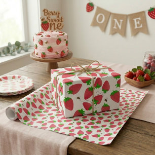 Whimsical Green Topped Strawberries Bees Wrapping Paper