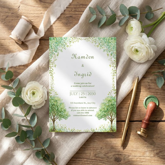 Whimsical Green Watercolor Tree Arch Wedding Invitation (Creator Uploaded)