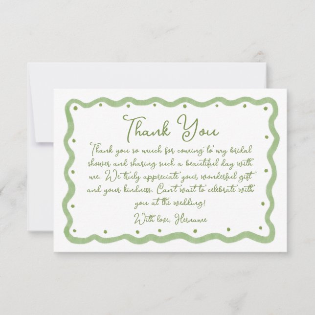 Whimsical Green Wavy Hand Painted Bridal Shower Thank You Card (Front)