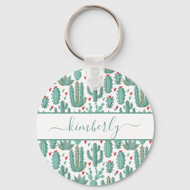 Whimsical green white pattern cactus monogram key ring (Front)