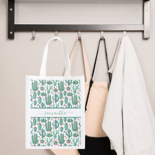 Whimsical green white pattern cactus monogram reusable grocery bag
