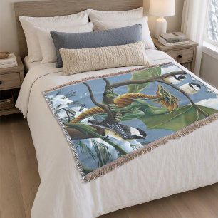 Whimsical Green Winter Fantasy Dragon Chickadees Throw Blanket