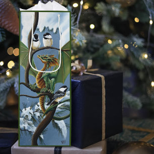 Whimsical Green Winter Fantasy Dragon Chickadees Wine Gift Bag