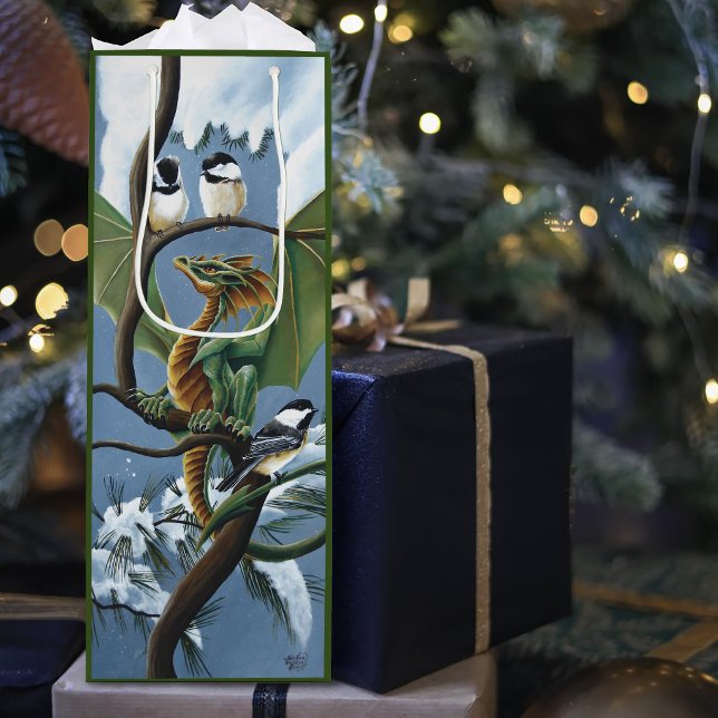 Whimsical Green Winter Fantasy Dragon Chickadees Wine Gift Bag (Creator Uploaded)