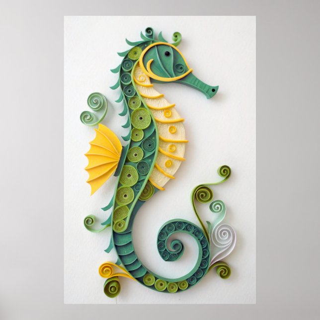 Whimsical Green & Yellow Quilled Seahorse Sculptur Poster (Front)