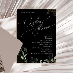 Whimsical Greenery and Gold   Black Couples Shower Invitation