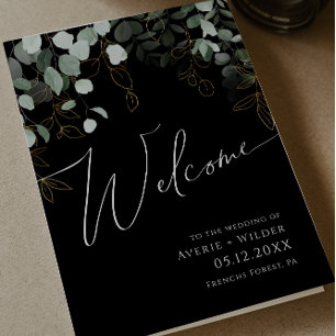 Whimsical Greenery and Gold   Black Folded Wedding Programme