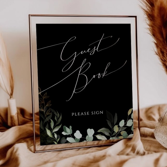 Whimsical Greenery and Gold Black Guest Book Sign (Creator Uploaded)