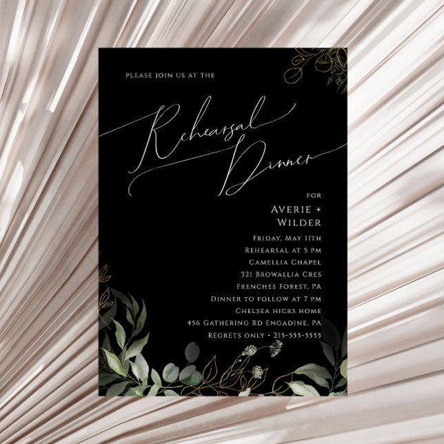 Whimsical Greenery and Gold Black Rehearsal Dinner Invitation (Creator Uploaded)