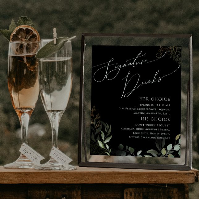 Whimsical Greenery and Gold Black Signature Drinks Poster (Creator Uploaded)