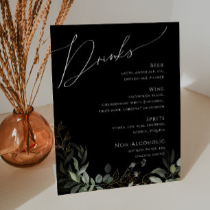 Whimsical Greenery and Gold Black Wedding Drinks Pedestal Sign