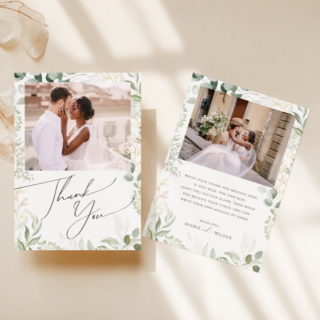Whimsical Greenery and Gold Flat Photo Thank You Card (Creator Uploaded)