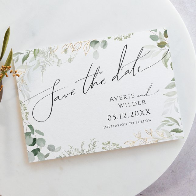 Whimsical Greenery and Gold Horizontal Save The Date (Creator Uploaded)