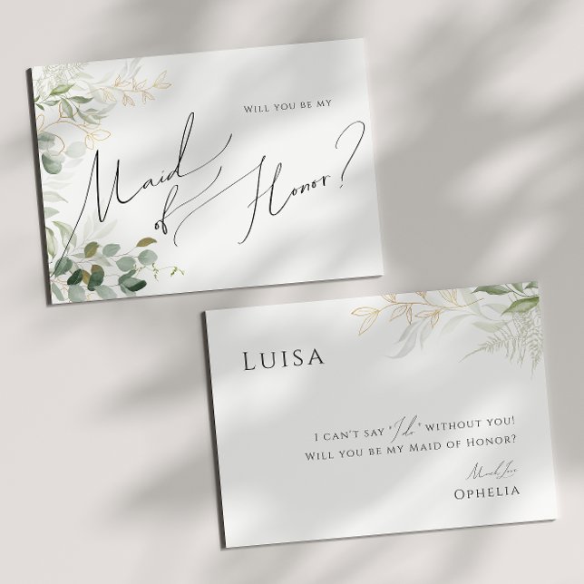 Whimsical Greenery and Gold Maid of Honour Card (Creator Uploaded)