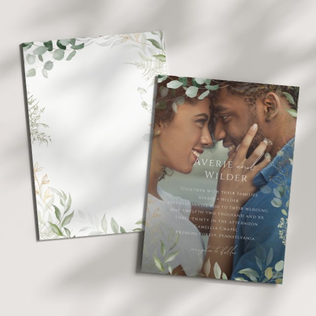 Whimsical Greenery and Gold Photo Frame Wedding Invitation (Creator Uploaded)