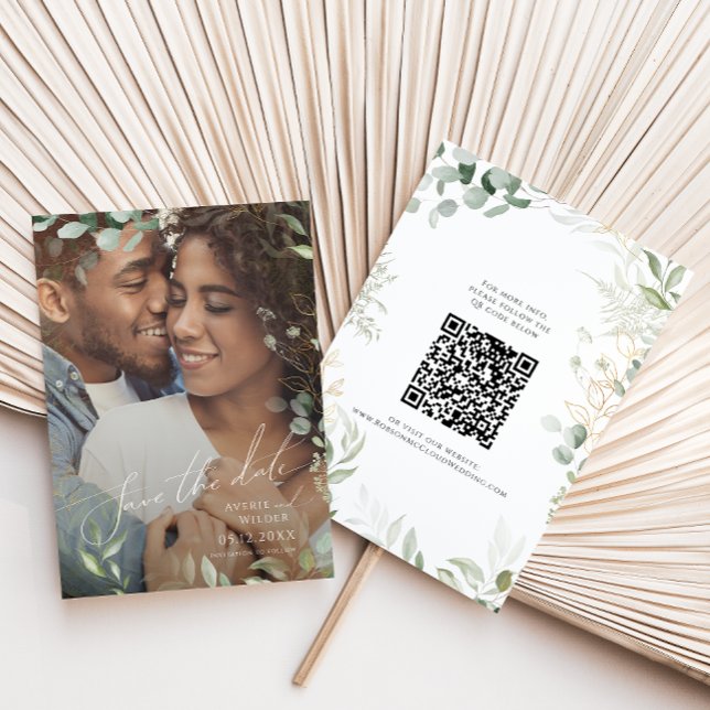 Whimsical Greenery and Gold Photo QR Code Save The Date (Creator Uploaded)