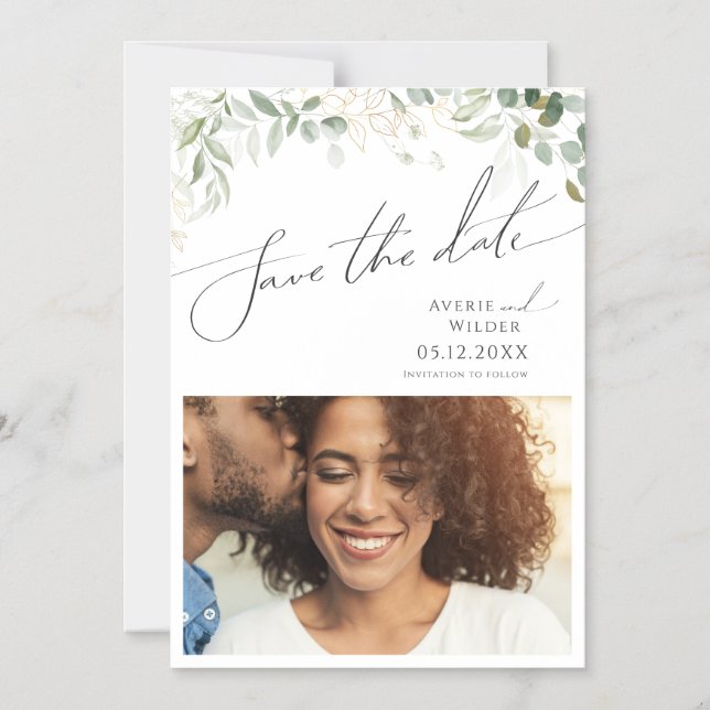 Whimsical Greenery and Gold Save The Date Magnetic Invitation (Front)
