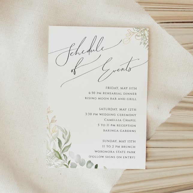 Whimsical Greenery and Gold Schedule of Events Enclosure Card (Creator Uploaded)