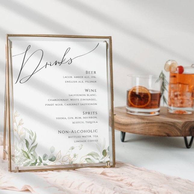 Whimsical Greenery and Gold | Wedding Drinks Menu Poster (Creator Uploaded)