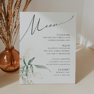 Whimsical Greenery and Gold   Wedding Menu Pedestal Sign