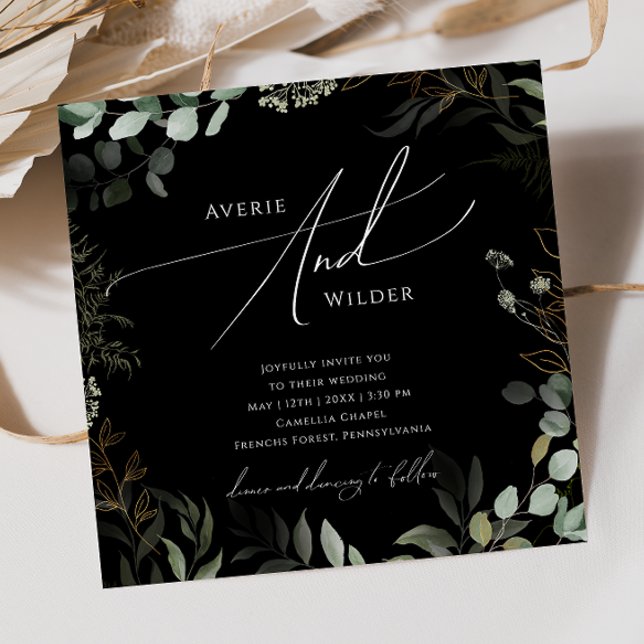Whimsical Greenery Black and Gold Square Wedding Invitation (Creator Uploaded)