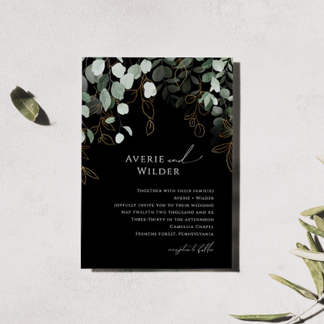 Whimsical Greenery Black and Gold Wedding Invitation (Creator Uploaded)