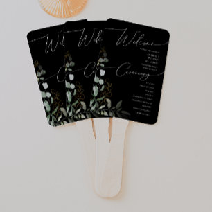 Whimsical Greenery Black and Gold Wedding Program Hand Fan