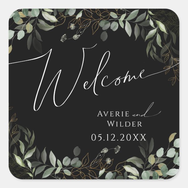 Whimsical Greenery Black and Gold Wedding Welcome Square Sticker (Front)
