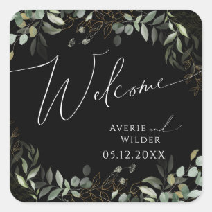 Whimsical Greenery Black and Gold Wedding Welcome Square Sticker