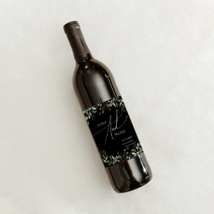 Whimsical Greenery Black and Gold   Wedding Wine Label