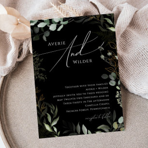 Whimsical Greenery Black and Gold Wreath Wedding Invitation