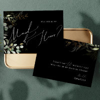 Whimsical Greenery Black Gold Maid of Honour Card
