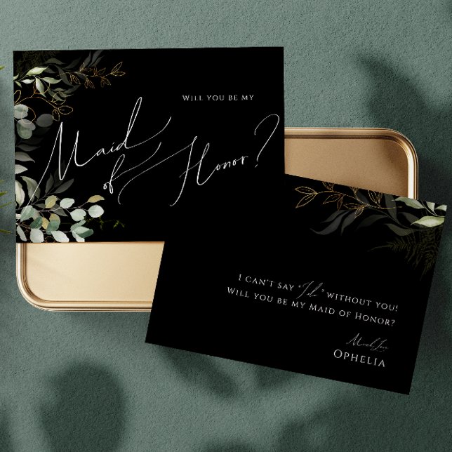 Whimsical Greenery Black Gold Maid of Honour Card (Creator Uploaded)