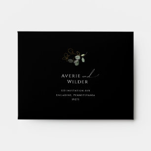 Whimsical Greenery Black Gold Self Addressed RSVP Envelope