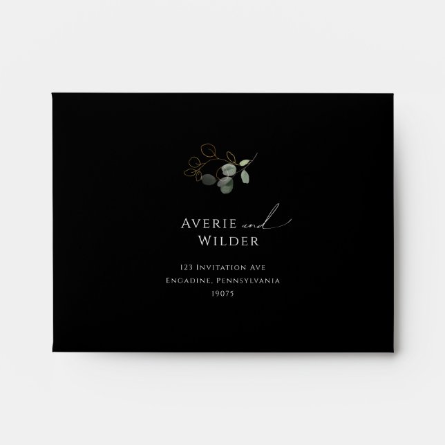 Whimsical Greenery Black Gold Self Addressed RSVP Envelope (Front)