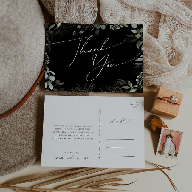 Whimsical Greenery Black Gold Wedding Thank You  Postcard (Creator Uploaded)