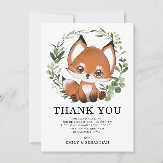 Whimsical Greenery Fox Wild One Forest Baby Shower Thank You Card (Front)