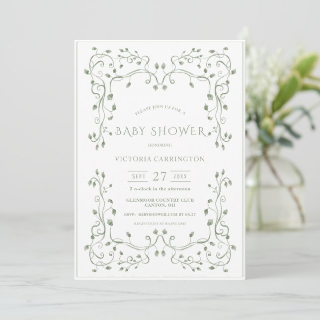 Whimsical Greenery Frame Vintage Baby Shower Invitation (Standing Front)