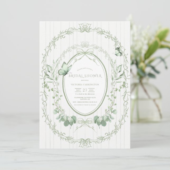 Whimsical Greenery Frame Vintage Bridal Shower Invitation (Standing Front)