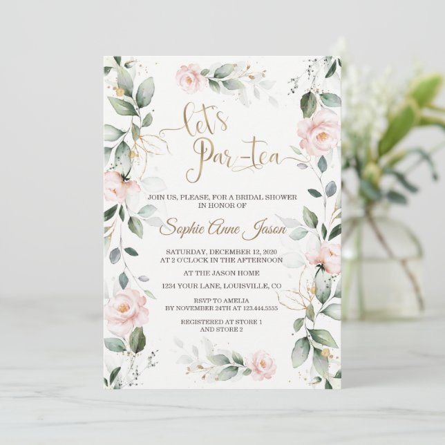 Whimsical Greenery Gold Pink Flowers Bridal Shower Invitation (Standing Front)