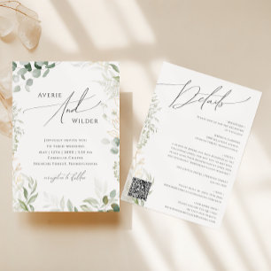 Whimsical Greenery Gold QR Code All In One Wedding Invitation