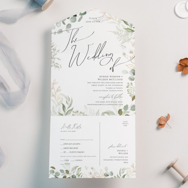 Whimsical Greenery Gold Wedding Of Seal and Send All In One Invitation (Creator Uploaded)