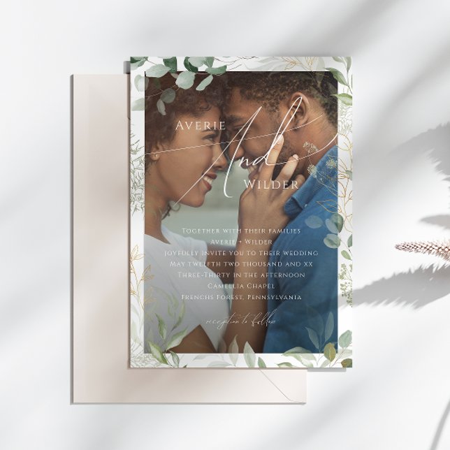 Whimsical Greenery Gold Wreath Photo Frame Wedding Invitation (Creator Uploaded)