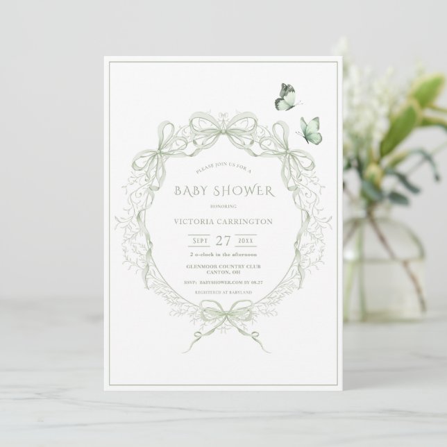 Whimsical Greenery Vintage Bows Baby Shower Invitation (Standing Front)