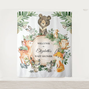 Whimsical Greenery Woodland Baby Animals Welcome Tapestry