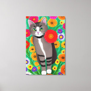 Whimsical Grey and White Cats and Red Flower Canvas Print