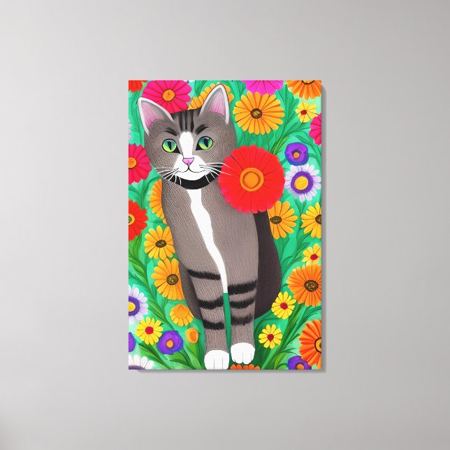 Whimsical Grey and White Cats and Red Flower Canvas Print (Front)
