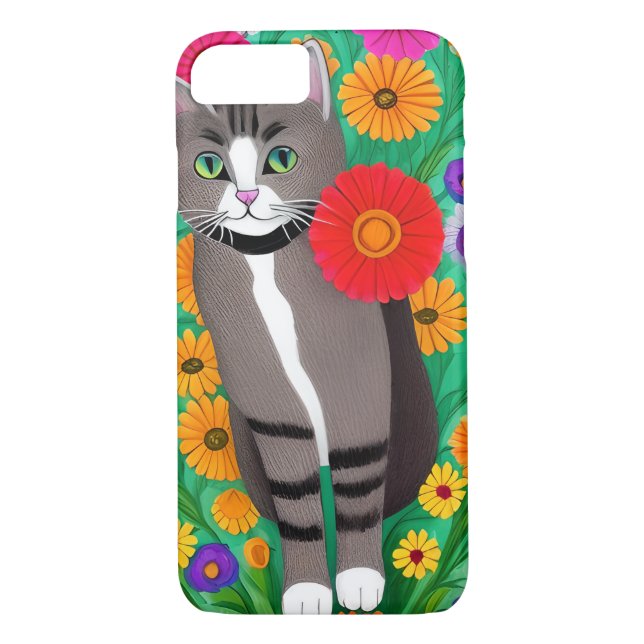 Whimsical Grey and White Cats and Red Flower Case-Mate iPhone Case (Back)