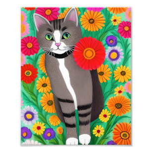Whimsical Grey and White Cats and Red Flower Photo Print