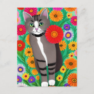 Whimsical Grey and White Cats and Red Flower Postcard